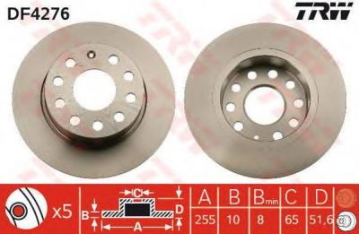 TRW DF4276 Диск тормозной зад. A3 Golf V Octavia 03-> AUDI A3 VW G5 CADDY 04> 255X10mm (1K0615601K)