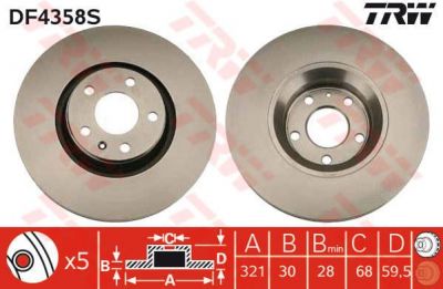 TRW DF4358S Диск тормозной передний AUDI A6 ALL ROAD 01- A8 321x30mm (4F0615301E)