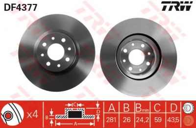 TRW DF4377 Диск тормозной перед. FIAT Stilo/Bravo 1,4-1,9L 07-> (281x26mm) (46535086)