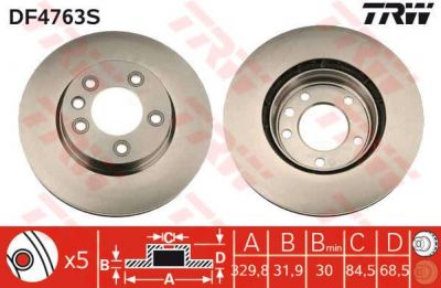 TRW DF4763S Диск тормозной перед. прав.VAG Touareg 2,5TDI-4,2L 10 02-> 330X32mm BREMBO (7L6615302N)