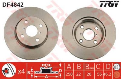 TRW DF4842 Диск тормозной перед. TOYOTA Yaris 1,0-1,4L 02-> (258x22mm) (435120D060)