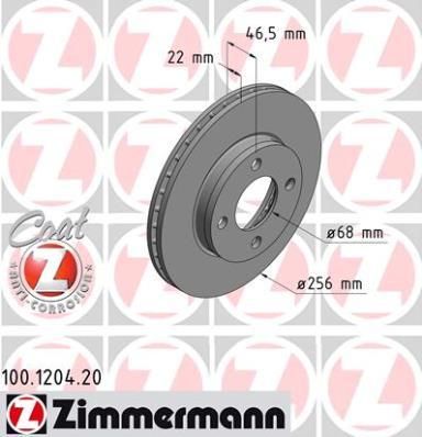 Zimmermann 100.1204.20 тормозной диск на AUDI 80 (89, 89Q, 8A, B3)