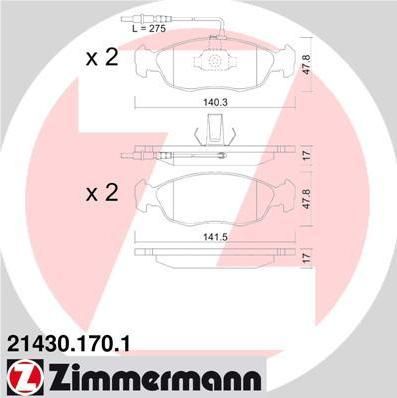 Zimmermann 21430.170.1 комплект тормозных колодок, дисковый тормоз на PEUGEOT 306 (7B, N3, N5)