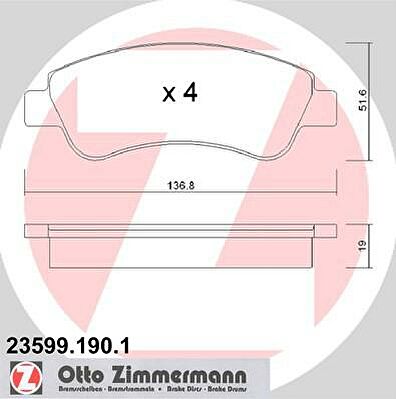 ZIMMERMANN КОЛОДКИ ТОРМ PGT 206/206SW/307/1007 CIT XSARA/C2/C4 ПЕРЕД (23599.190.1)