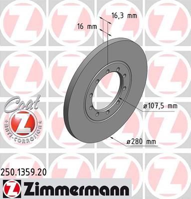 ZIMMERMANN Диск тормознойFORD TRANSIT 06- V 280X16 (250135920)