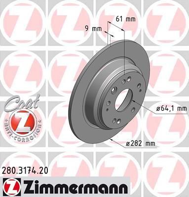 Zimmermann 280.3174.20 тормозной диск на HONDA ACCORD VII Tourer (CM)