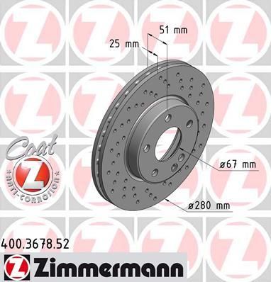 Zimmermann 400.3678.52 тормозной диск на MERCEDES-BENZ B-CLASS (W246, W242)