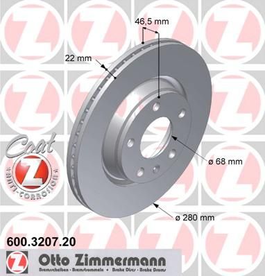 ZIMMERMANN Торм.диск пер.вент.[280x22] 5 отв.[min 2] Coat Z (600.3207.20)