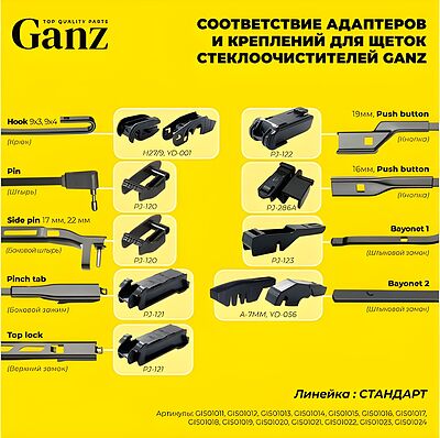 Ganz GIS01018 бескаркасная щётка стеклоочистителя 480 мм (19″), 8 адаптеров