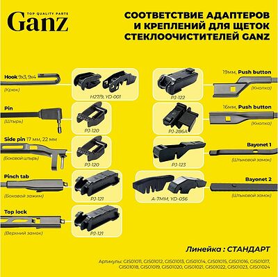 Ganz GIS01019 бескаркасная щётка стеклоочистителя 510 мм (20″), 8 адаптеров