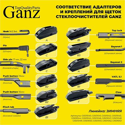 GANZ Winter GIS01043 Щетка стеклоочистителя зимняя 500 мм каркасная 1 шт (6 адаптеров)