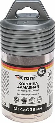 Kranz KR-92-1018 Коронка алмазная профессиональная по керамограниту и железобетону М14, вакуумное спекание, 38мм, для УШМ KRANZ