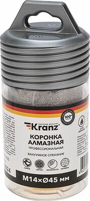 Kranz KR-92-1020 Коронка алмазная профессиональная по керамограниту и железобетону М14, вакуумное спекание, 45мм, для УШМ KRANZ