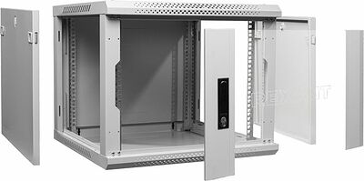 REXANT 04-1266-111 Настенный шкаф 19 quot; 12U 600×600×635 (ШxГxВ), дверь стекло, металлическая задняя стенка, боковые съемные стенки, RAL 7035 REXANT